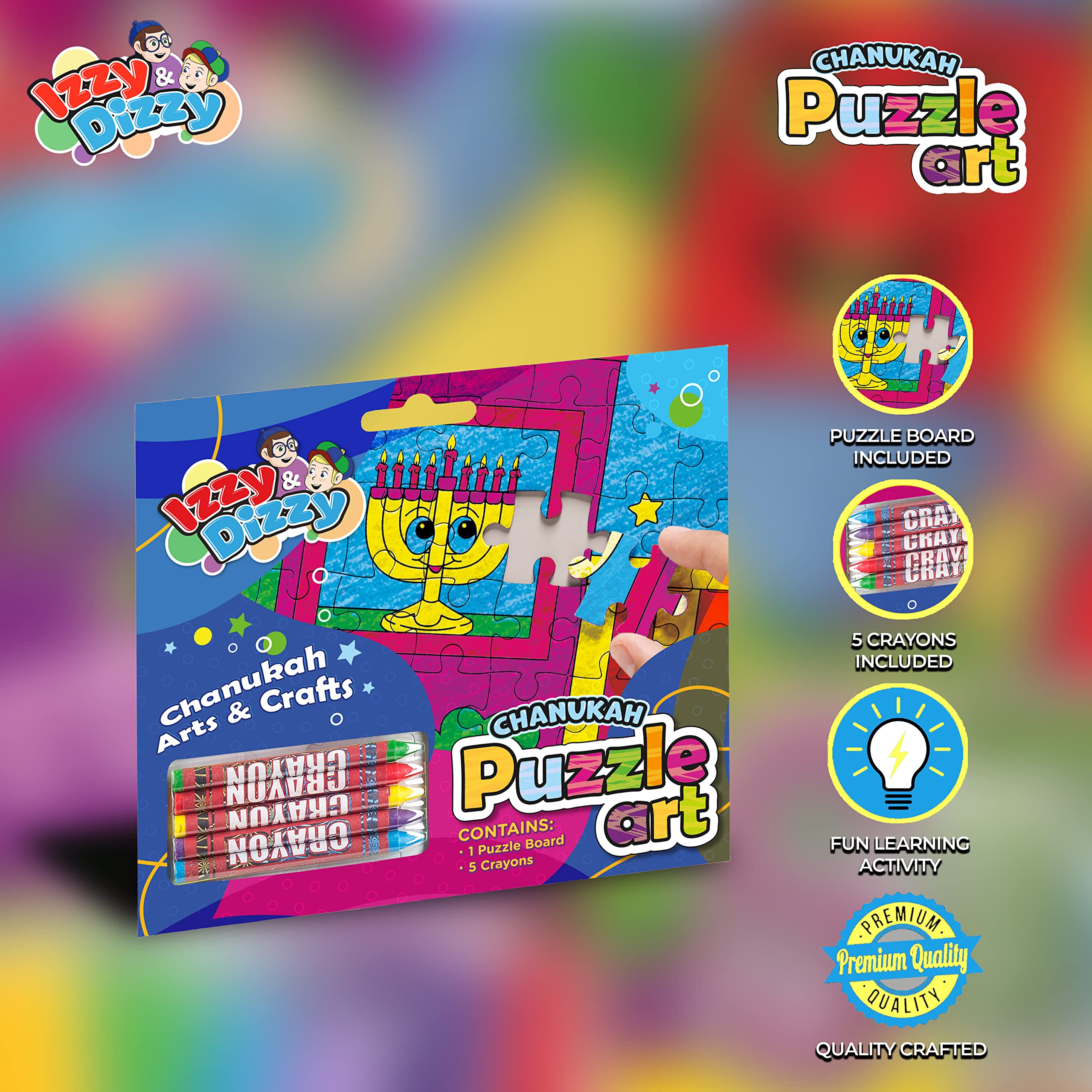 Chanukah Puzzle Art Kit - Includes 5 Colored Crayons, 1 Puzzle Board - 7" x 6" - Hanukkah Arts and Crafts - Gifts and Games