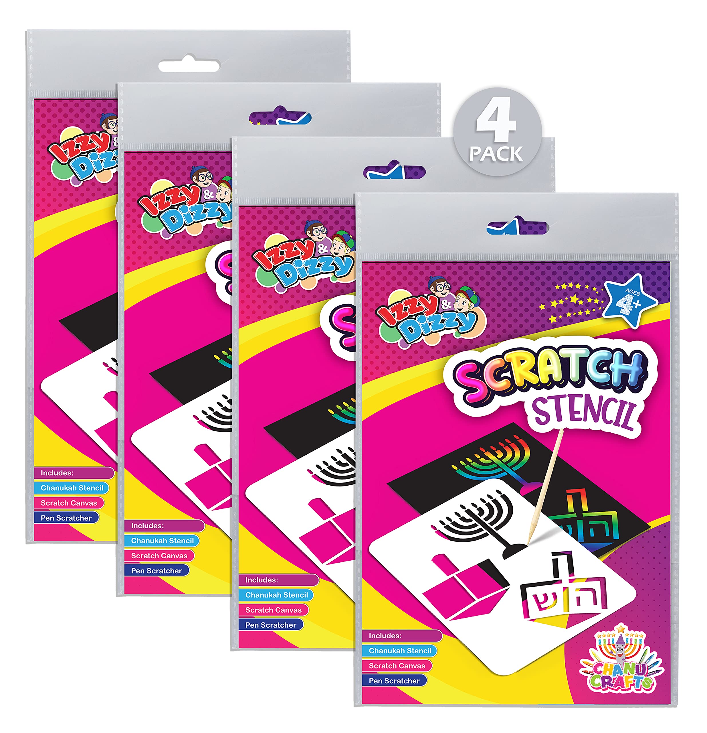 Izzy 'n' Dizzy Hanukkah Scratch Stencil Art Kit Includes Sctatch Stick, Chanukah Arts and Crafts Gifts and Games (Pack of 4) - 8 inch x 6 inch