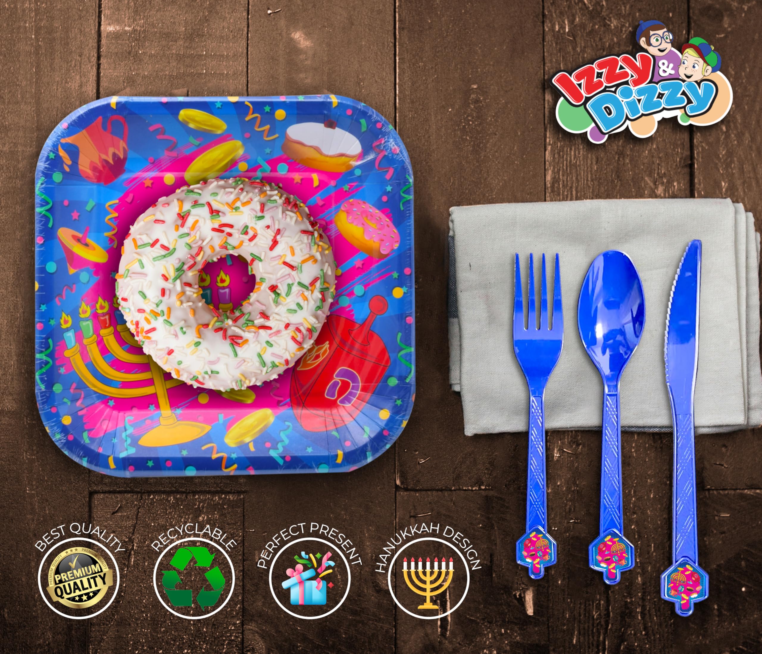 Izzy 'n' Dizzy Hanukkah Cutlery, Dreidel Cutlery Set, Hanukkah Paper Goods, Multicolored Chanukah Themed Party Supplies - 10 Spoons, 10 forks, 10 Knives (Pack of 30)