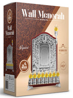 Ner Mitzvah Plated Oil Wall Menorah with Wood Accents, Fits Standard Chanukah Oil Cups and Large Candles, Jerusalem Design and Hanerot Hallalu, 14 inch High - Silver