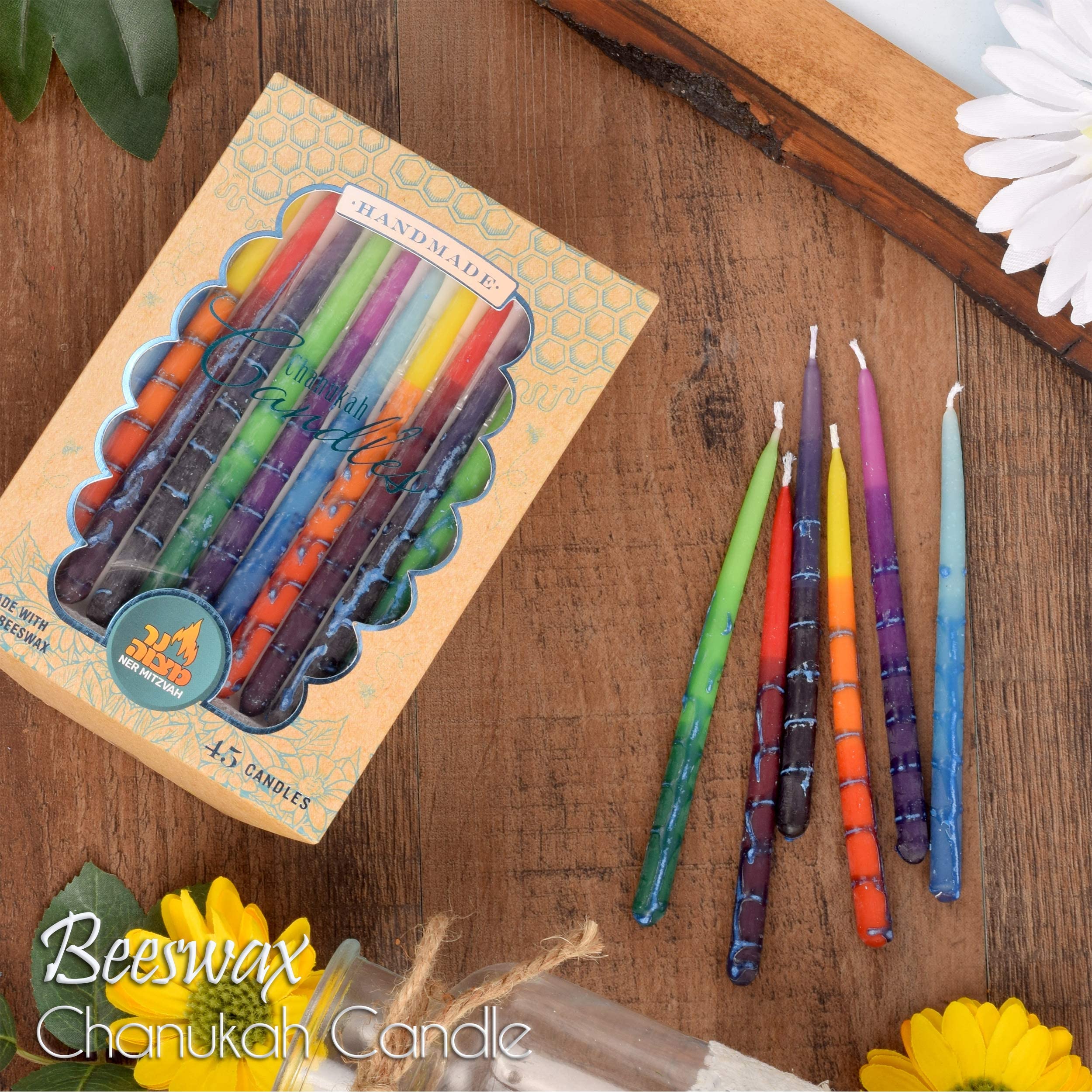 Beeswax Chanukah Candles Standard Size Fits Most Menorahs - Decorated Multi Colored Beeswax Hanukkah Candles - Premium Quality Pure Bees Wax - 45 Count for All 8 Nights of Hanukkah - by Ner Mitzvah