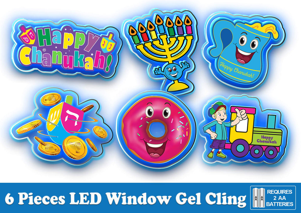 Izzy 'n' Dizzy Hanukkah LED Window Gel 6 Piece - Hanukkah Décor - Holiday Party Decoration - Happy Chanukah Window Gel