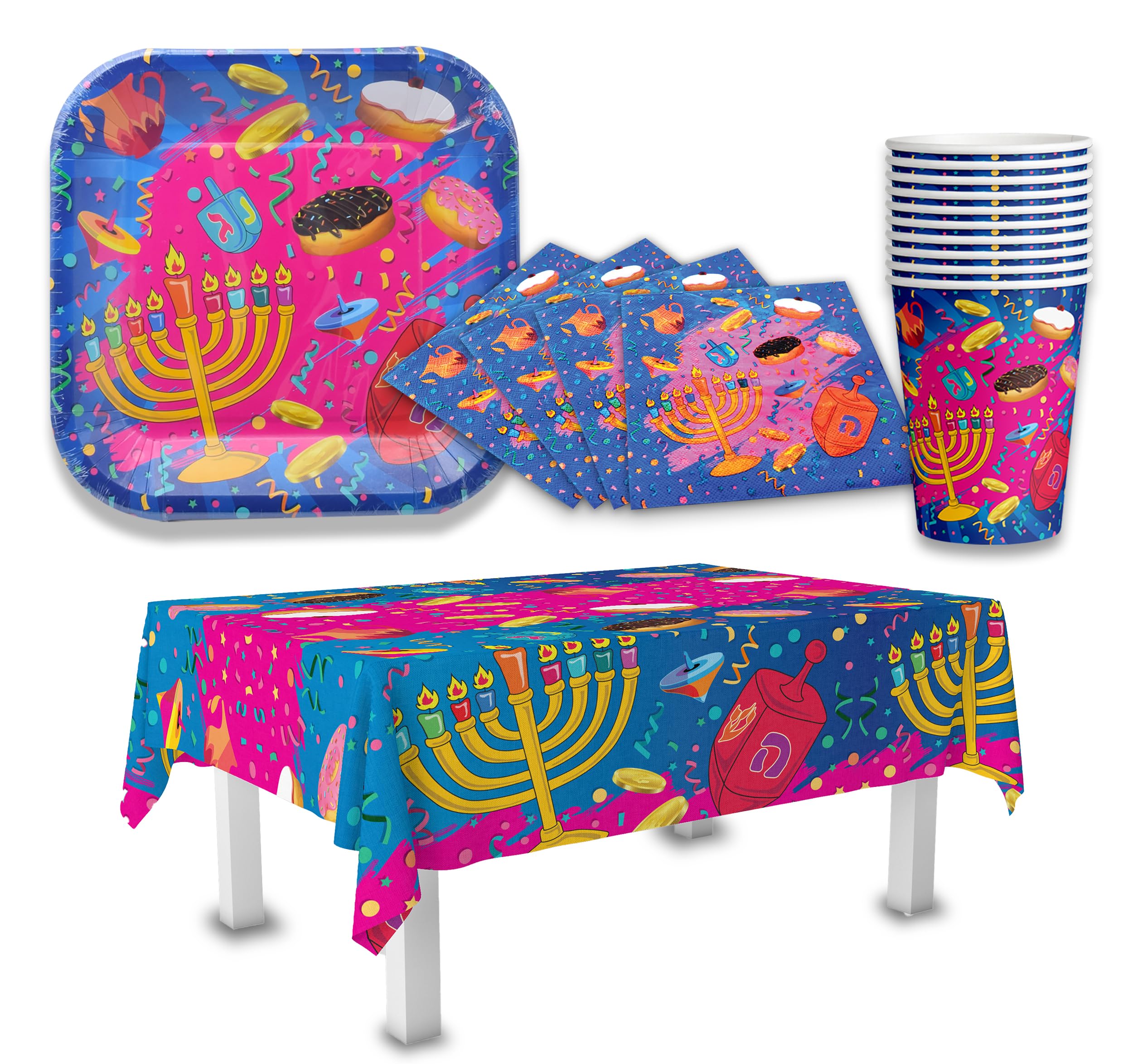 Izzy 'n' Dizzy Hanukkah Paper Goods Set - Mega Pack - Serves 10 - Plates, Cups, Napkins, Tablecloth