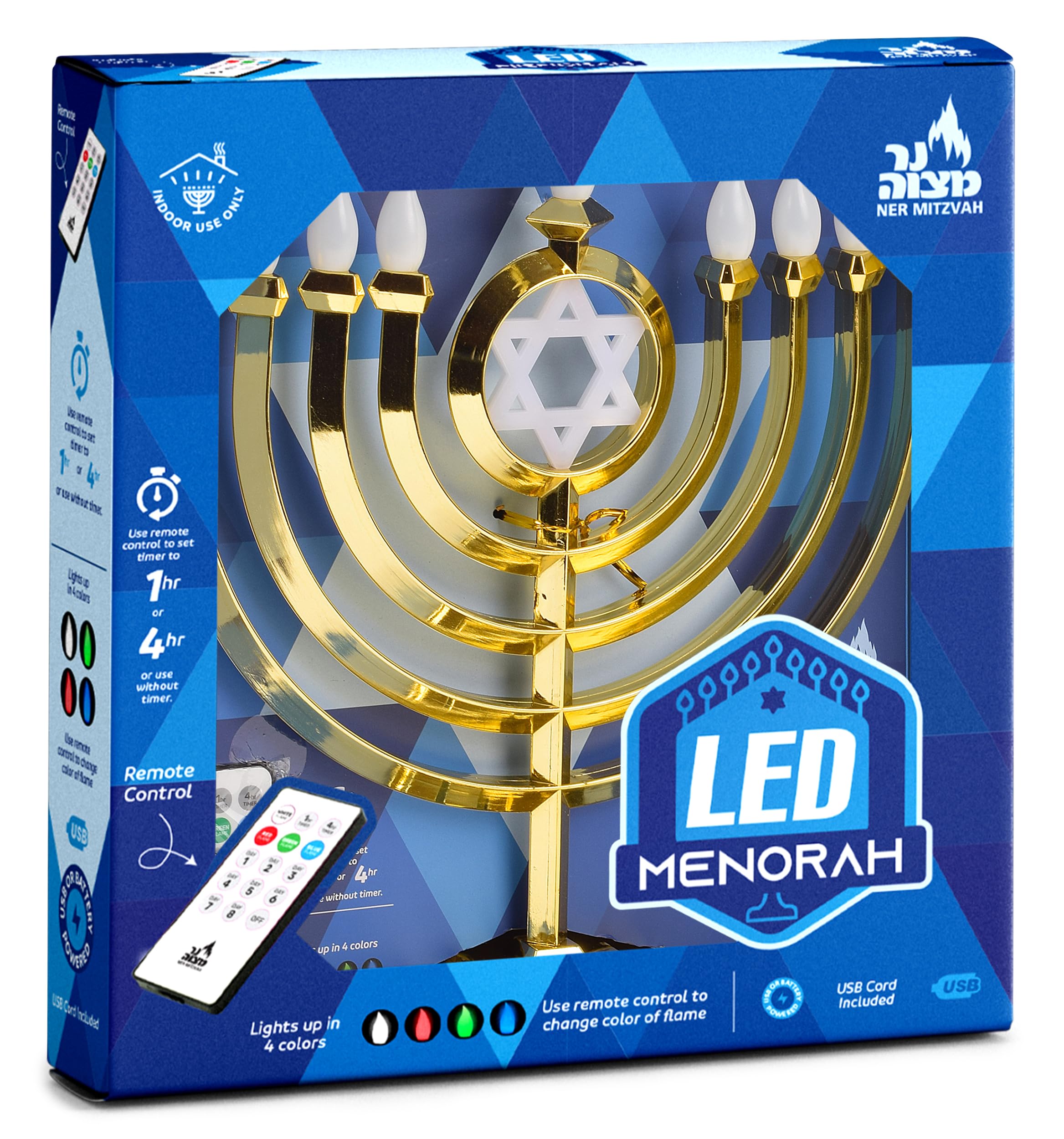 Ner Mitzvah LED Electric Hanukkah Menorah - Color Changing LED Traditional Classic Chanukah Menorah with Remote - Battery or USB Powered - USB Cord Included - Gold