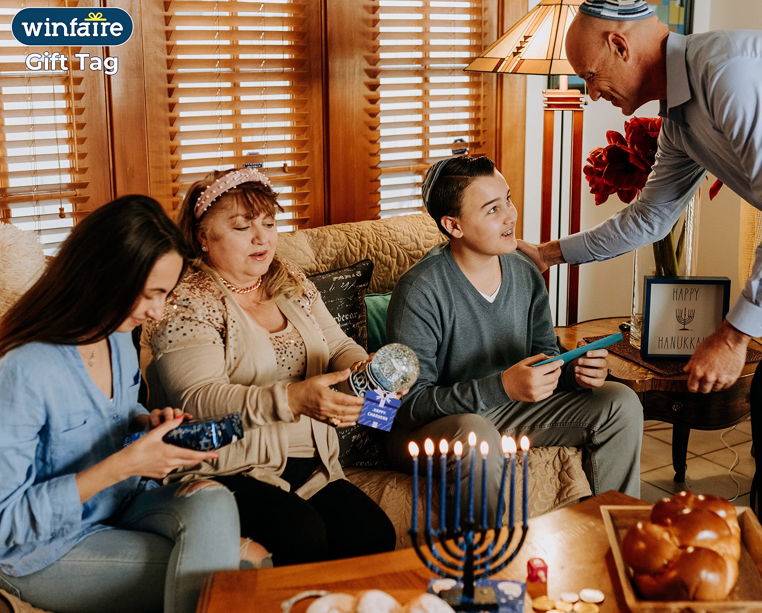 Hanukkah Gift Tags - 6 Hanging Chanukah Gift Tags - Assorted Hannukah Menorah and Dreidel Design - Blue Gift Tag