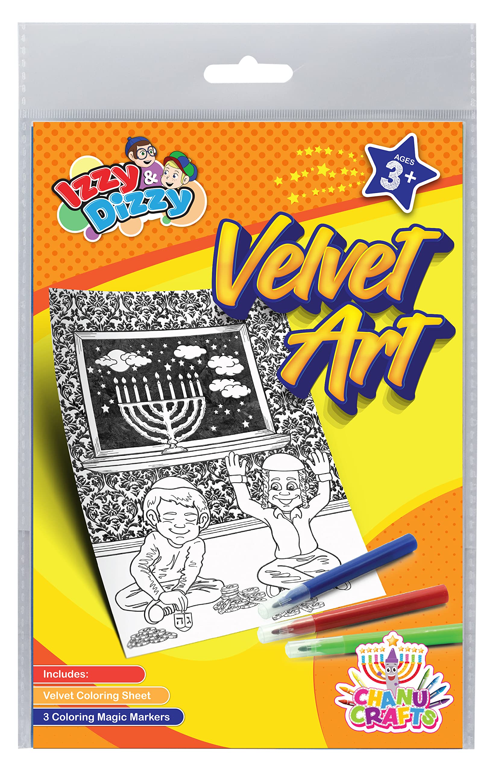 Hanukkah Velvet Art Kit - Includes 8" x 6" Board and 3 Markers (Non-Toxic) - Chanukah Arts and Crafts - Gifts and Games