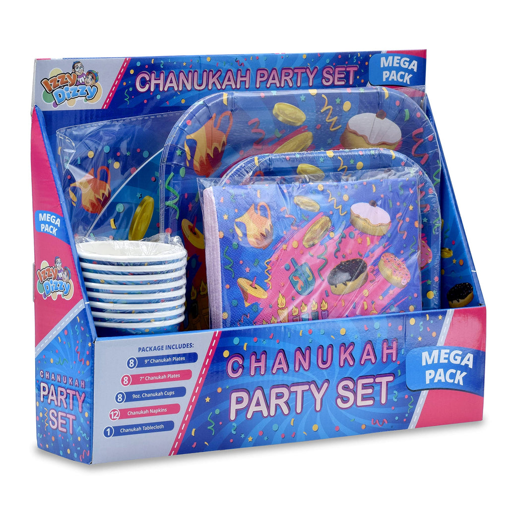Izzy 'n' Dizzy Hanukkah Paper Goods Set - Plates, Cups, Napkins and Tablecloth, Mega Pack (Serves 8)