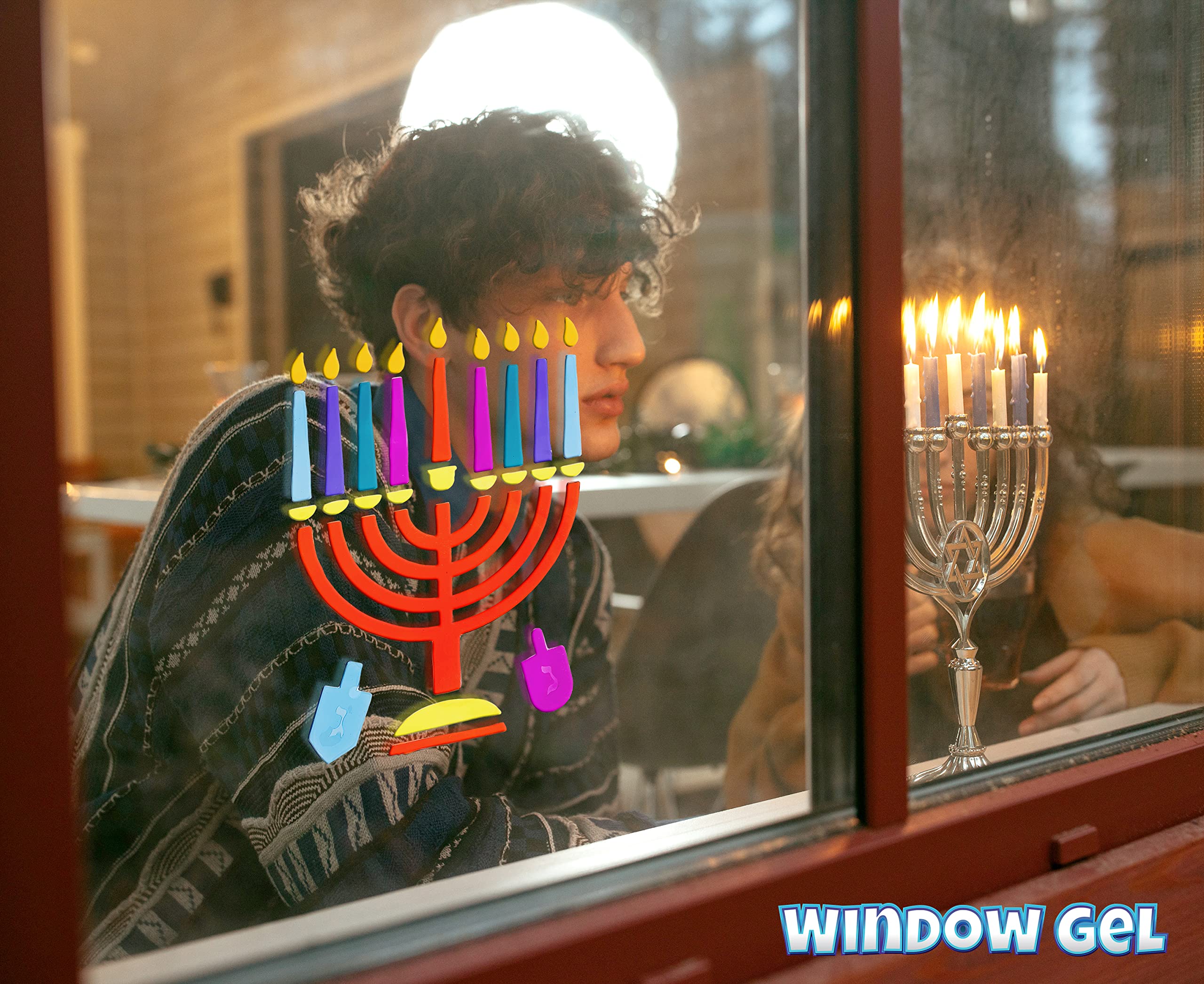 Menorah Window Gel Cling - Self Sticking Chanukah Menorah and Dreidels - Hanukkah Party Decorations and Supplies by Izzy 'n' Dizzy