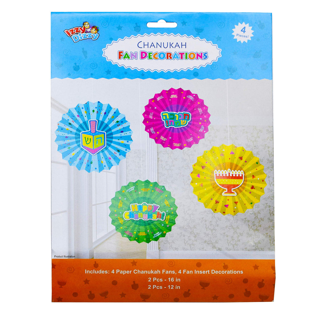 Hanukkah Paper Fan Decoration - 16 Pack - Menorahs, Dreidels, Happy Chanuka and Chanukah Sameach - Hanukkah Party Decorations and Supplies - Izzy 'n' Dizzy