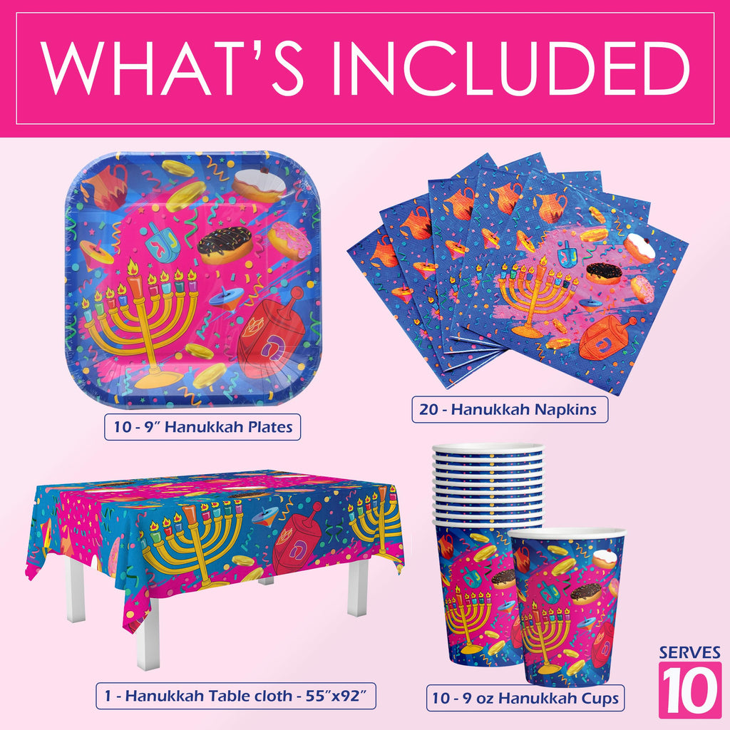 Izzy 'n' Dizzy Hanukkah Paper Goods Set - Mega Pack - Serves 10 - Plates, Cups, Napkins, Tablecloth