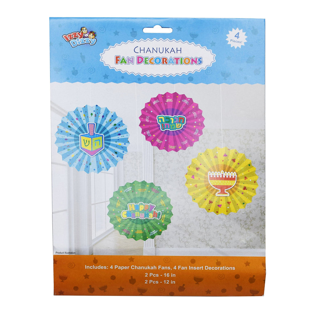 Hanukkah Paper Fan Decoration - 16 Pack - Menorahs, Dreidels, Happy Chanuka and Chanukah Sameach - Hanukkah Party Decorations and Supplies - Izzy 'n' Dizzy