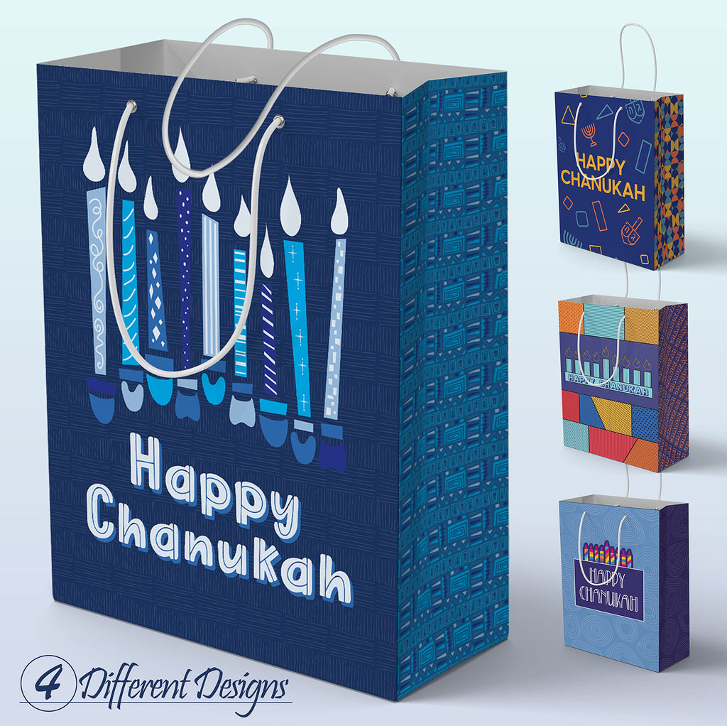 The Hanukkah Company Gift Bags - Chanukah Gift Bags, 4 Assorted Hannukah Designs - 5 x 8 Inch - Blue, Small (Pack of 4)