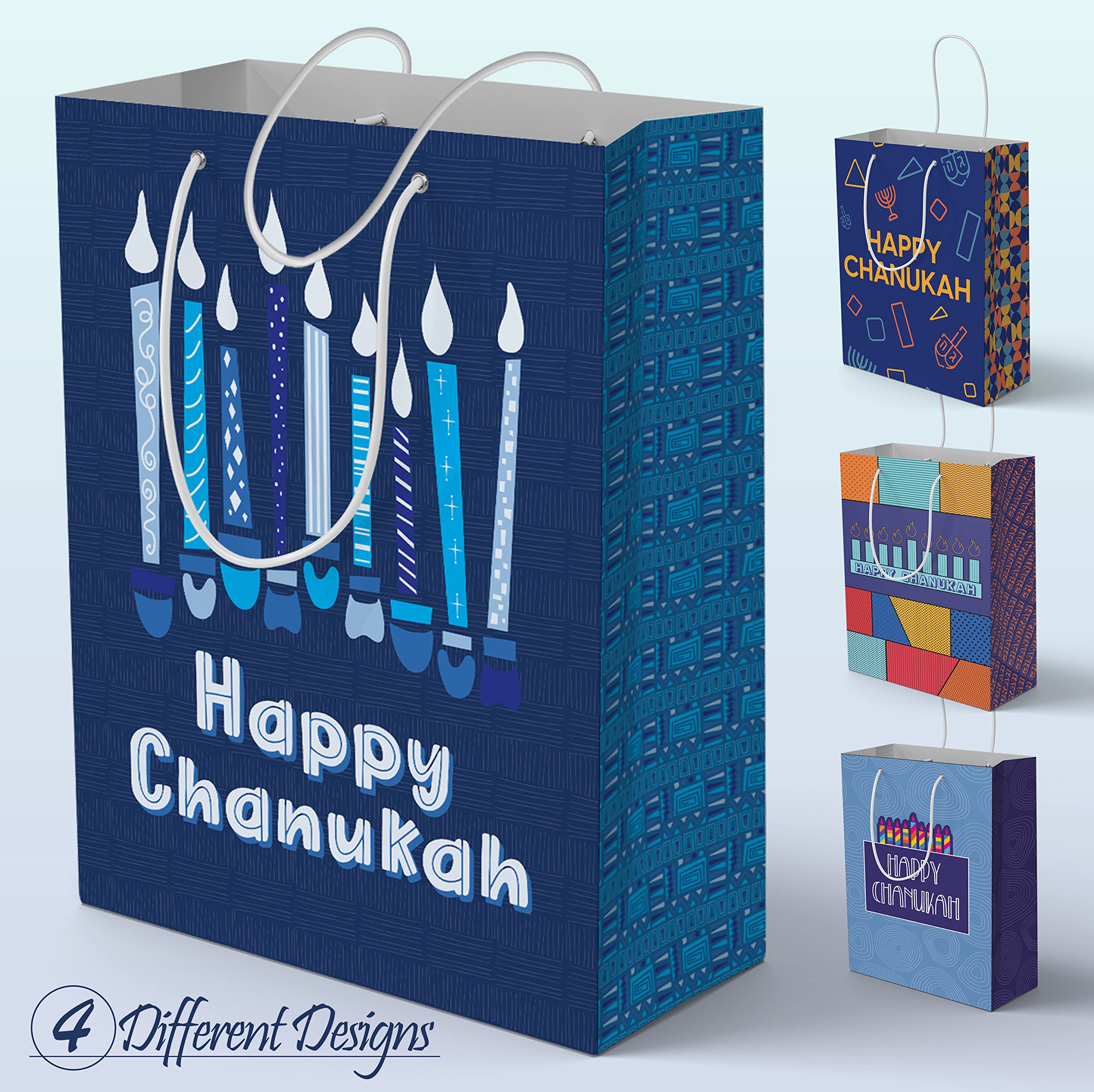 The Hanukkah Company Gift Bags - Chanukah Gift Bags, 4 Assorted Hannukah Designs - 5 x 8 Inch - Blue, Small (Pack of 4)