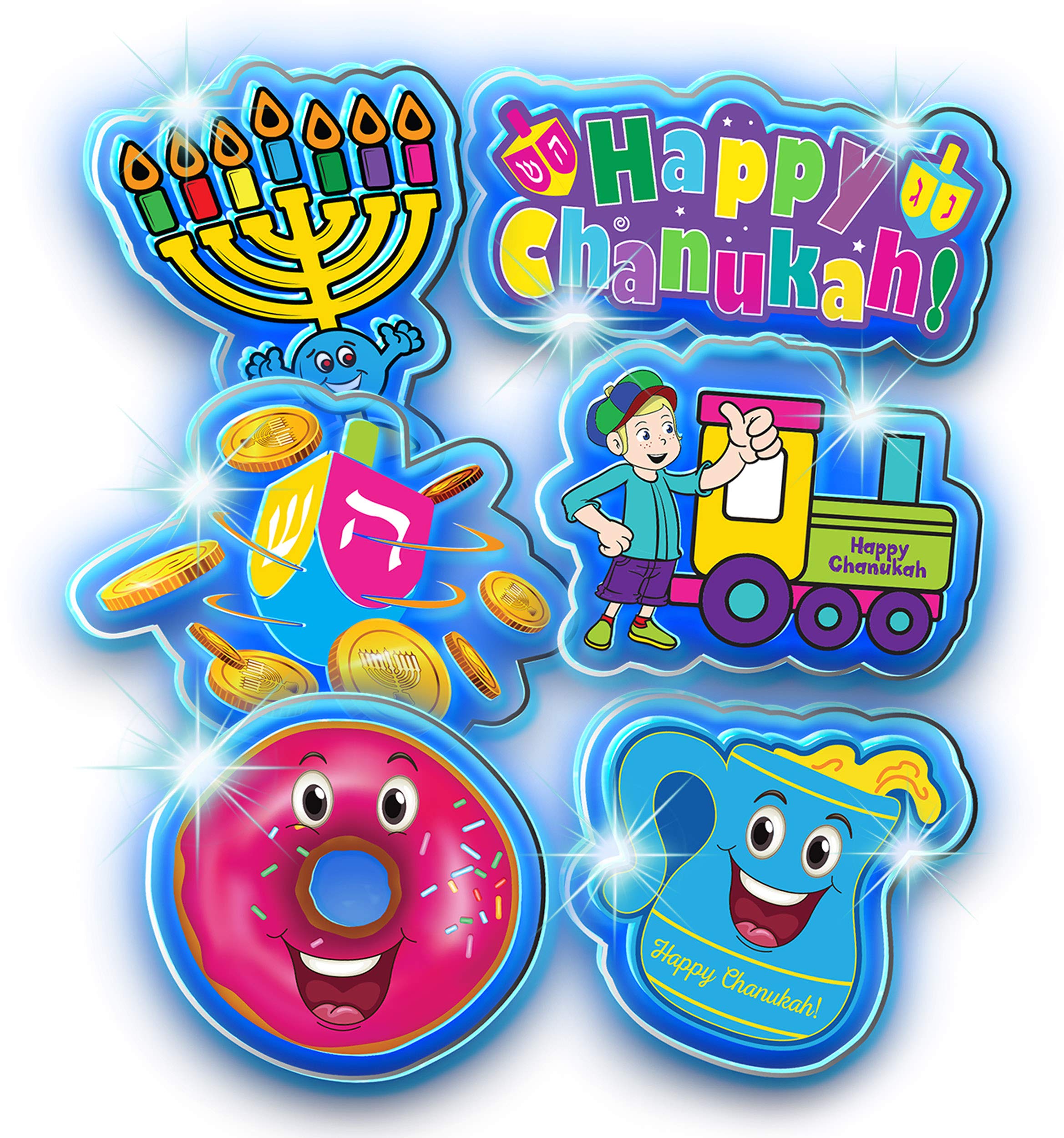 Izzy 'n' Dizzy Hanukkah LED Window Gel 6 Piece - Hanukkah Décor - Holiday Party Decoration - Happy Chanukah Window Gel