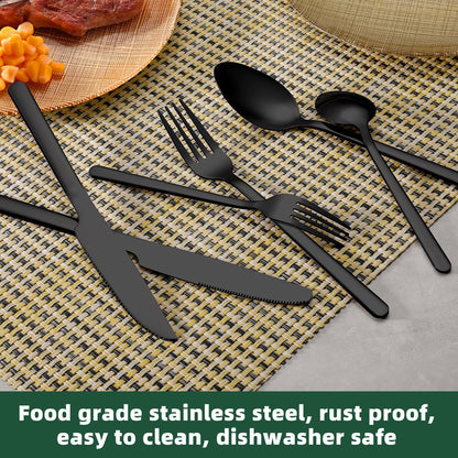 24 Pcs Black Silverware Set with Steak Knives, Food-Grade Stainless Steel Flatware Cutlery Set for 4, Mirror Polished Tableware Eating Utensils Set for Kitchen, Knife Fork Spoon Set, Dishwasher Safe