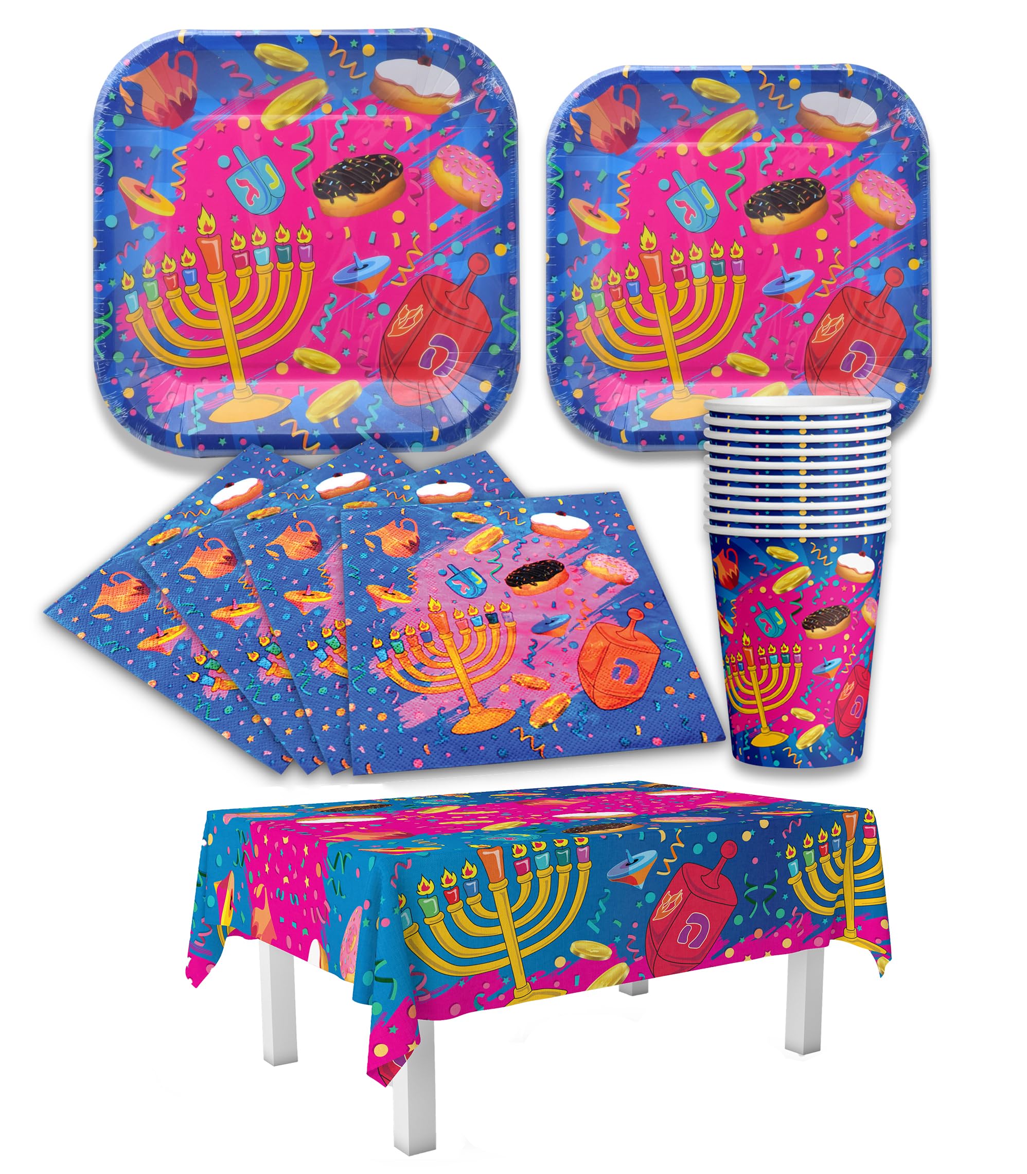 Izzy 'n' Dizzy Hanukkah Paper Goods Set - Plates, Cups, Napkins and Tablecloth, Mega Pack (Serves 8)