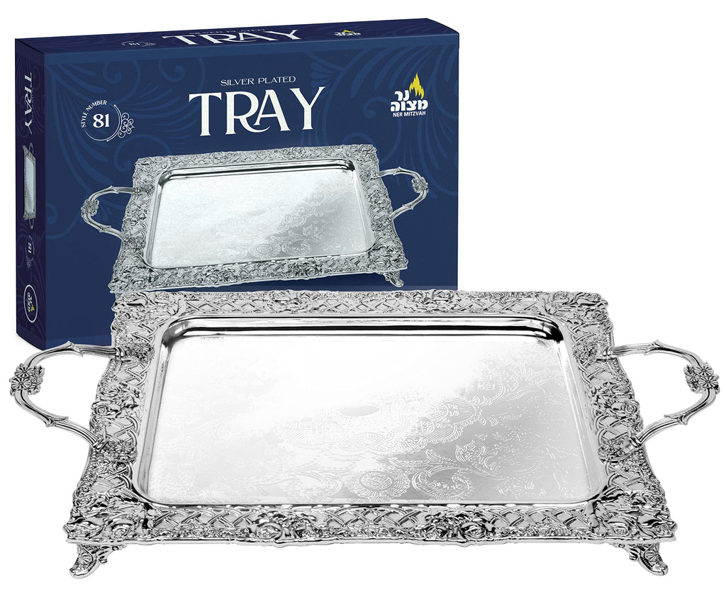 Silver Plated Menorah Tray with Handles - 16 Inch x 13.5 Inch - for Shabbos, Yom Tov, Hanukkah Drip Tray - Large Square Silver Tray - Ner Mitzvah