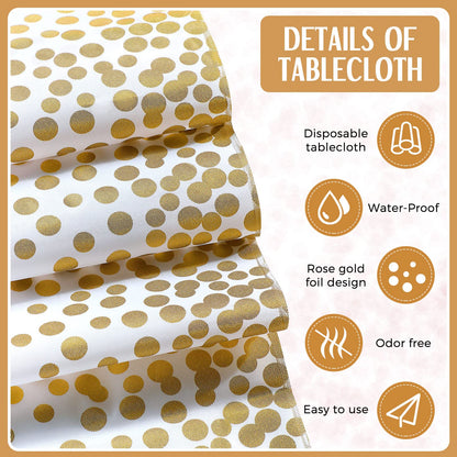 Breling 8 Pack White and Gold Disposable Plastic Tablecloths and Satin Table Runner Set, 54 x 108 Inch Tablecloth, 12 x 108 Inch Table Runners for Wedding First Communion Baby Shower Graduation