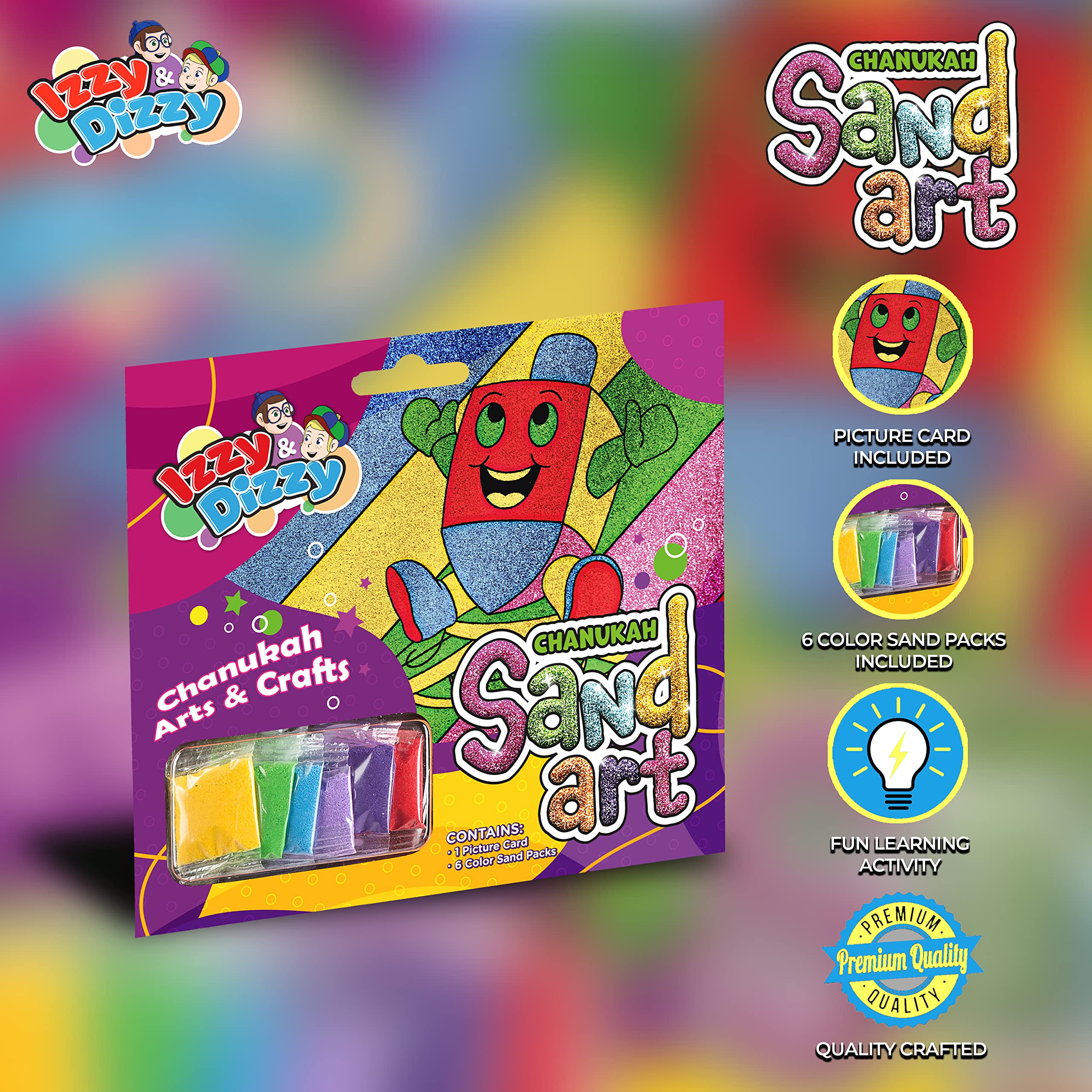 Izzy 'n' Dizzy Chanukah Sand Art Kit - Includes 8 Colored Sand Packs, 1 Poster - 7" x 6" - Hanukkah Arts and Crafts - Gifts and Games