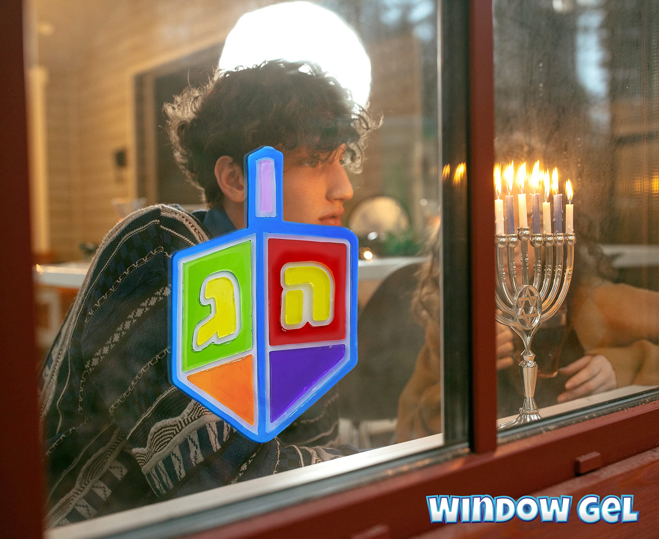 Dreidel Window Gel Cling - Self Sticking Chanukah Menorah and Dreidels - Hanukkah Party Decorations and Supplies by Izzy 'n' Dizzy