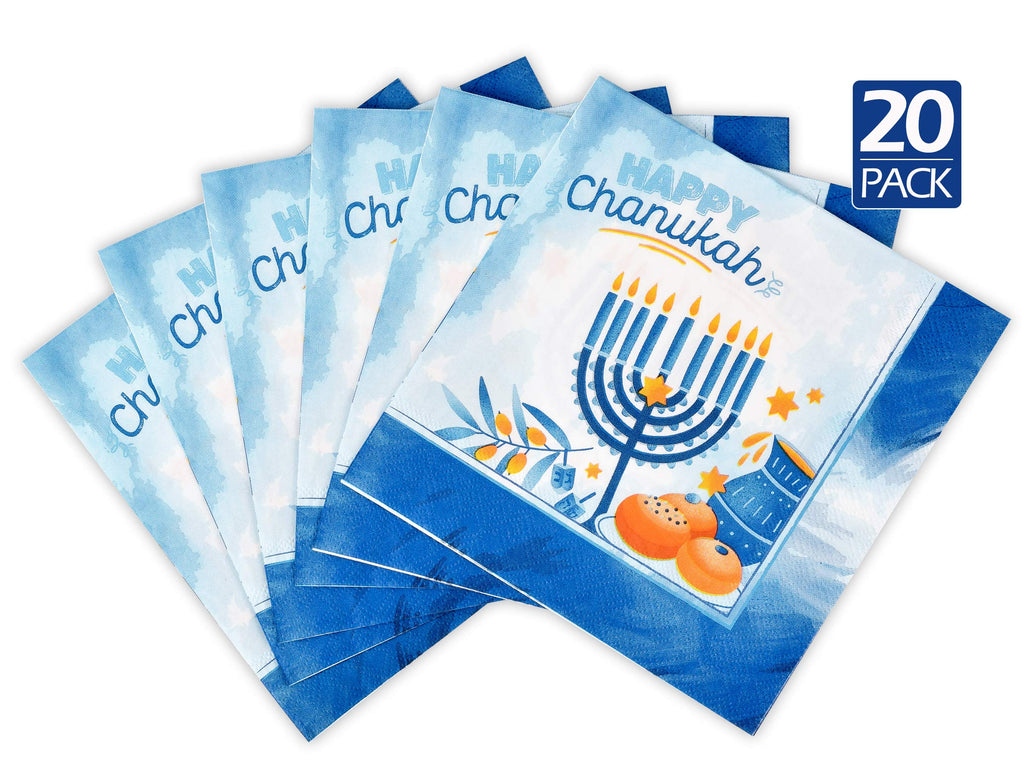Izzy 'n' Dizzy Hanukkah Napkins, Hanukkah Paper Goods, Blue and White Chanukah Themed Party Supplies (Pack of 20)
