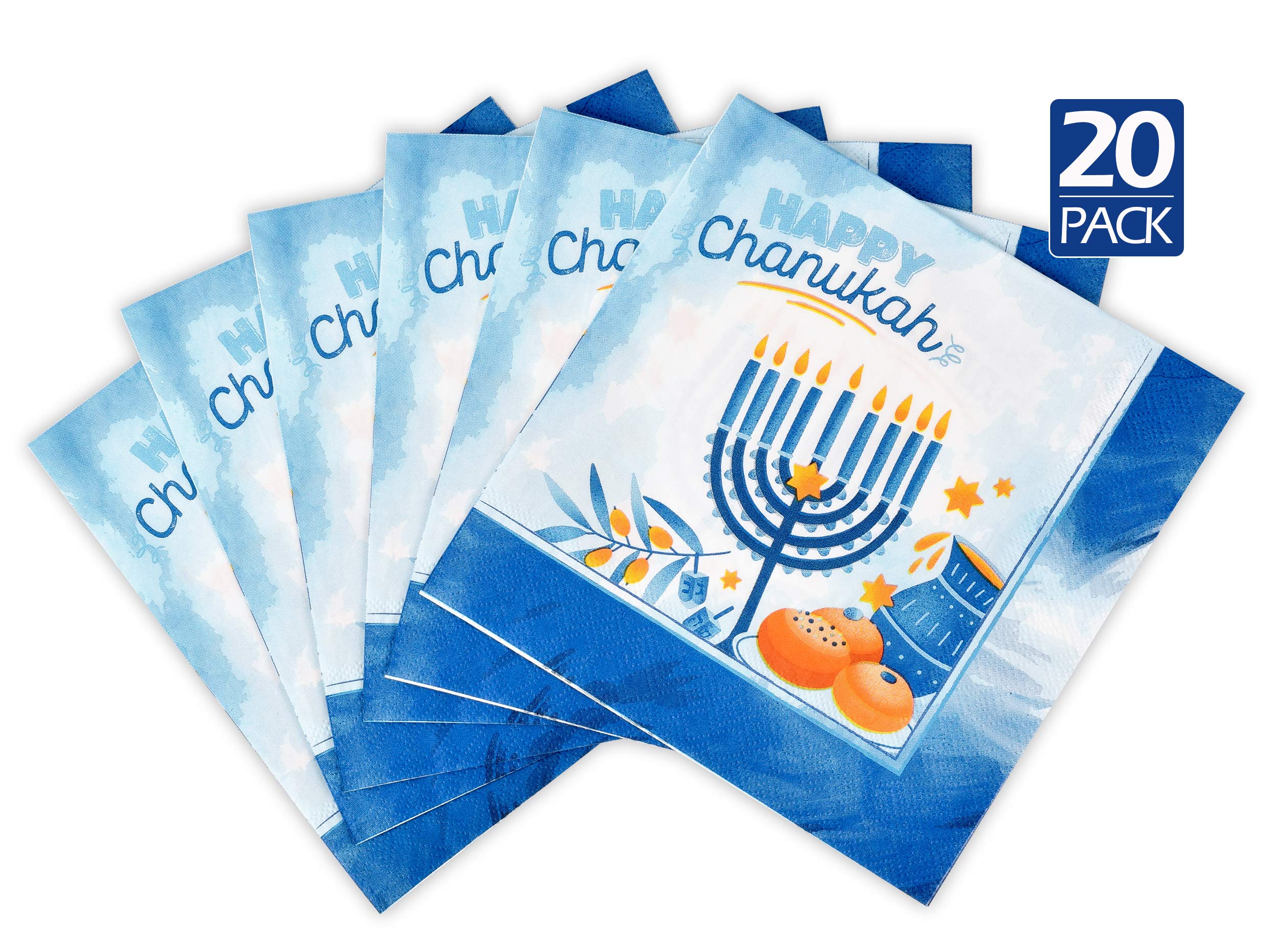 Izzy 'n' Dizzy Hanukkah Napkins, Hanukkah Paper Goods, Blue and White Chanukah Themed Party Supplies (Pack of 20)