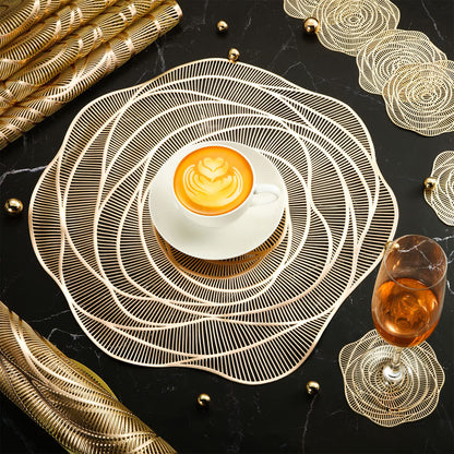 Sieral 12 Set 15 Inch Round Pressed Vinyl Placemats Hollow Out Rose Placemat Set Metallic Slip Resistant Place Mat Coaster Including Place Mats and Coasters for Wedding Dining Kitchen (Gold)