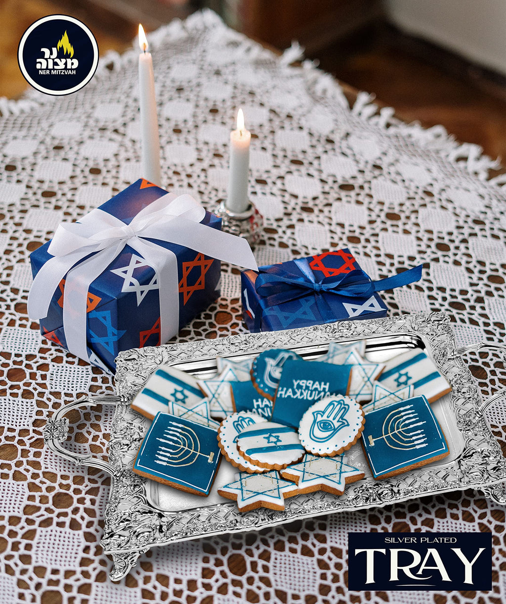 Silver Plated Menorah Tray with Handles - 16 Inch x 13.5 Inch - for Shabbos, Yom Tov, Hanukkah Drip Tray - Large Square Silver Tray - Ner Mitzvah