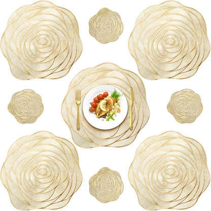 Sieral 12 Set 15 Inch Round Pressed Vinyl Placemats Hollow Out Rose Placemat Set Metallic Slip Resistant Place Mat Coaster Including Place Mats and Coasters for Wedding Dining Kitchen (Gold)