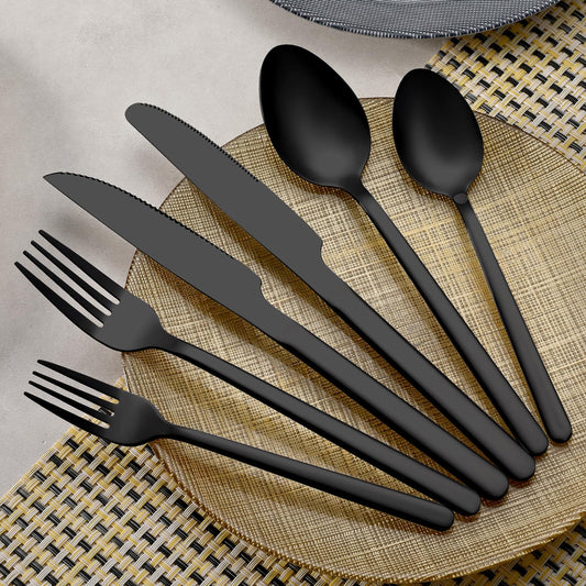 24 Pcs Black Silverware Set with Steak Knives, Food-Grade Stainless Steel Flatware Cutlery Set for 4, Mirror Polished Tableware Eating Utensils Set for Kitchen, Knife Fork Spoon Set, Dishwasher Safe