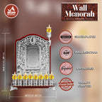 Ner Mitzvah Plated Oil Wall Menorah with Wood Accents, Fits Standard Chanukah Oil Cups and Large Candles, Jerusalem Design and Hanerot Hallalu, 14 inch High - Silver