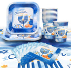 Izzy 'n' Dizzy Hanukkah Plates And Napkins Set - Hanukkah Party Set - 7" And 9" Plates, Cups, Napkins and Tablecloth - Serves 8