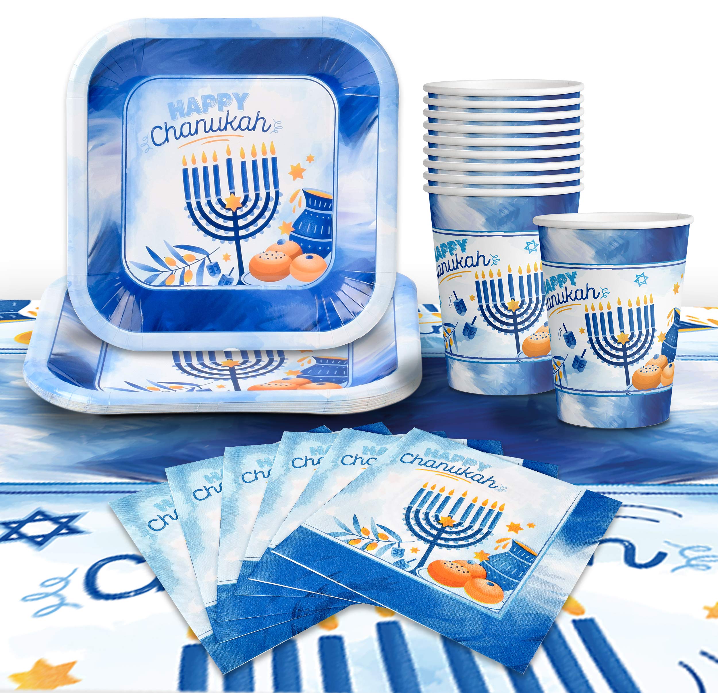 Izzy 'n' Dizzy Hanukkah Plates And Napkins Set - Hanukkah Party Set - 7" And 9" Plates, Cups, Napkins and Tablecloth - Serves 8