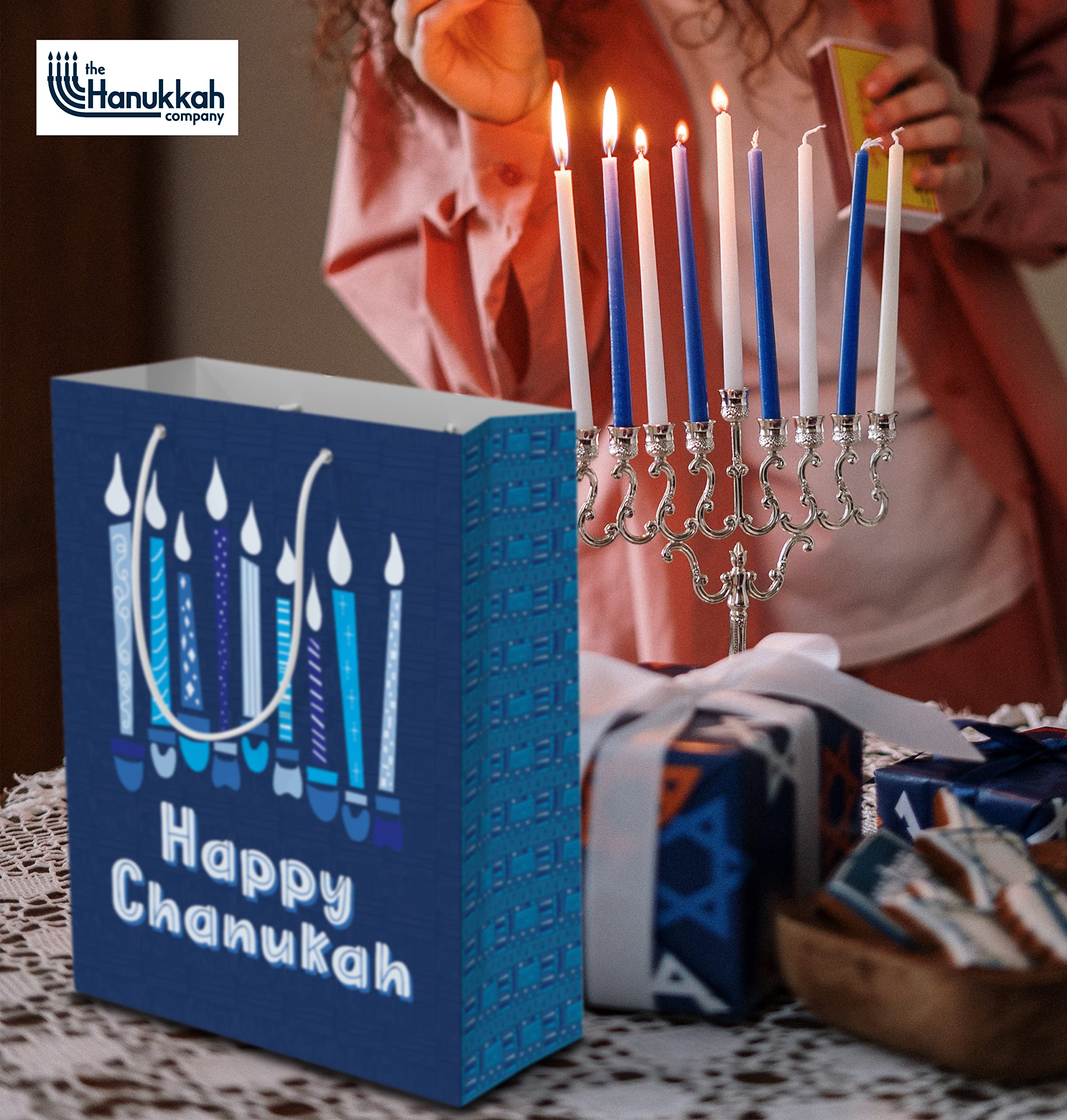 The Hanukkah Company Gift Bags - Chanukah Gift Bags, 4 Assorted Hannukah Designs - 5 x 8 Inch - Blue, Small (Pack of 4)