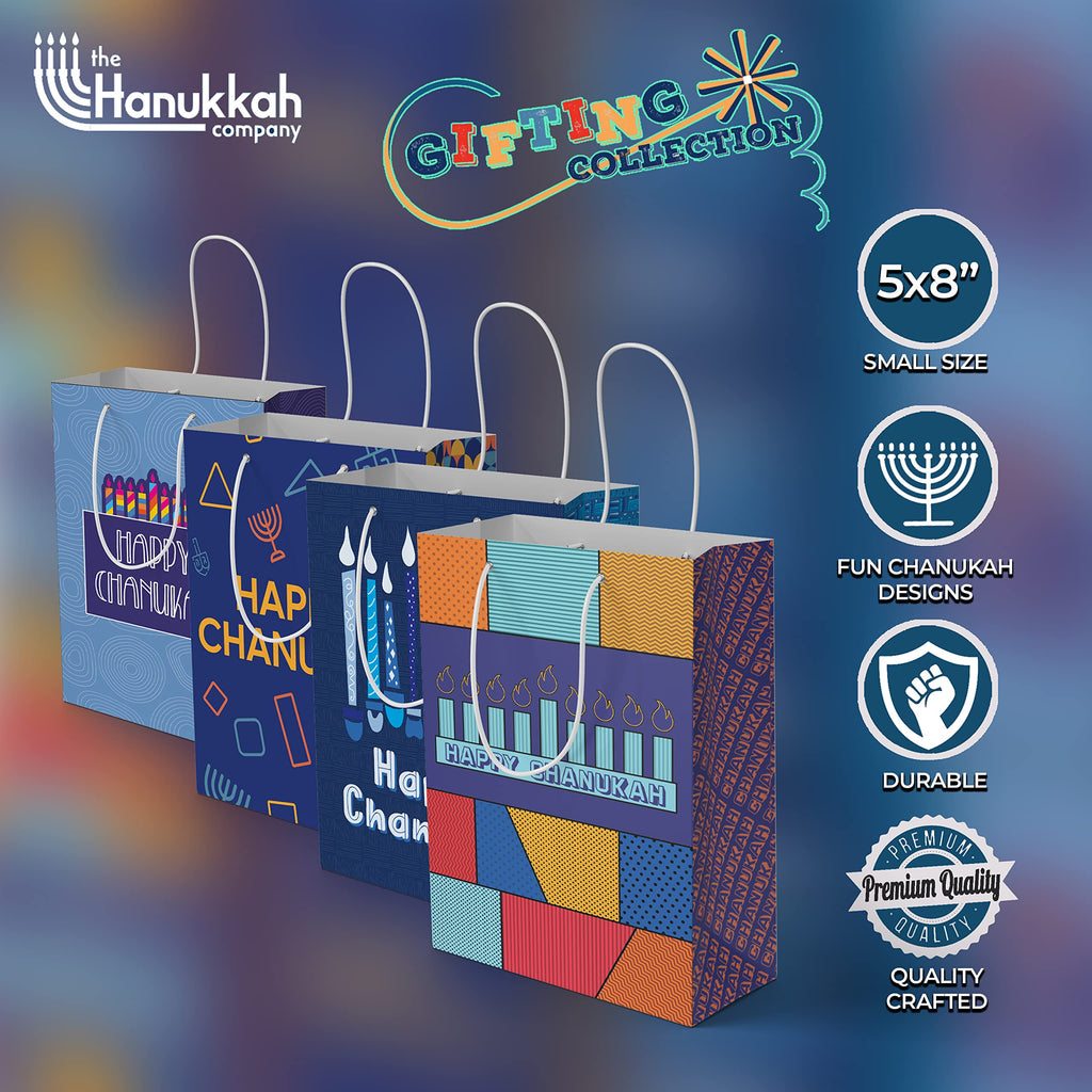 The Hanukkah Company Gift Bags - Chanukah Gift Bags, 4 Assorted Hannukah Designs - 5 x 8 Inch - Blue, Small (Pack of 4)