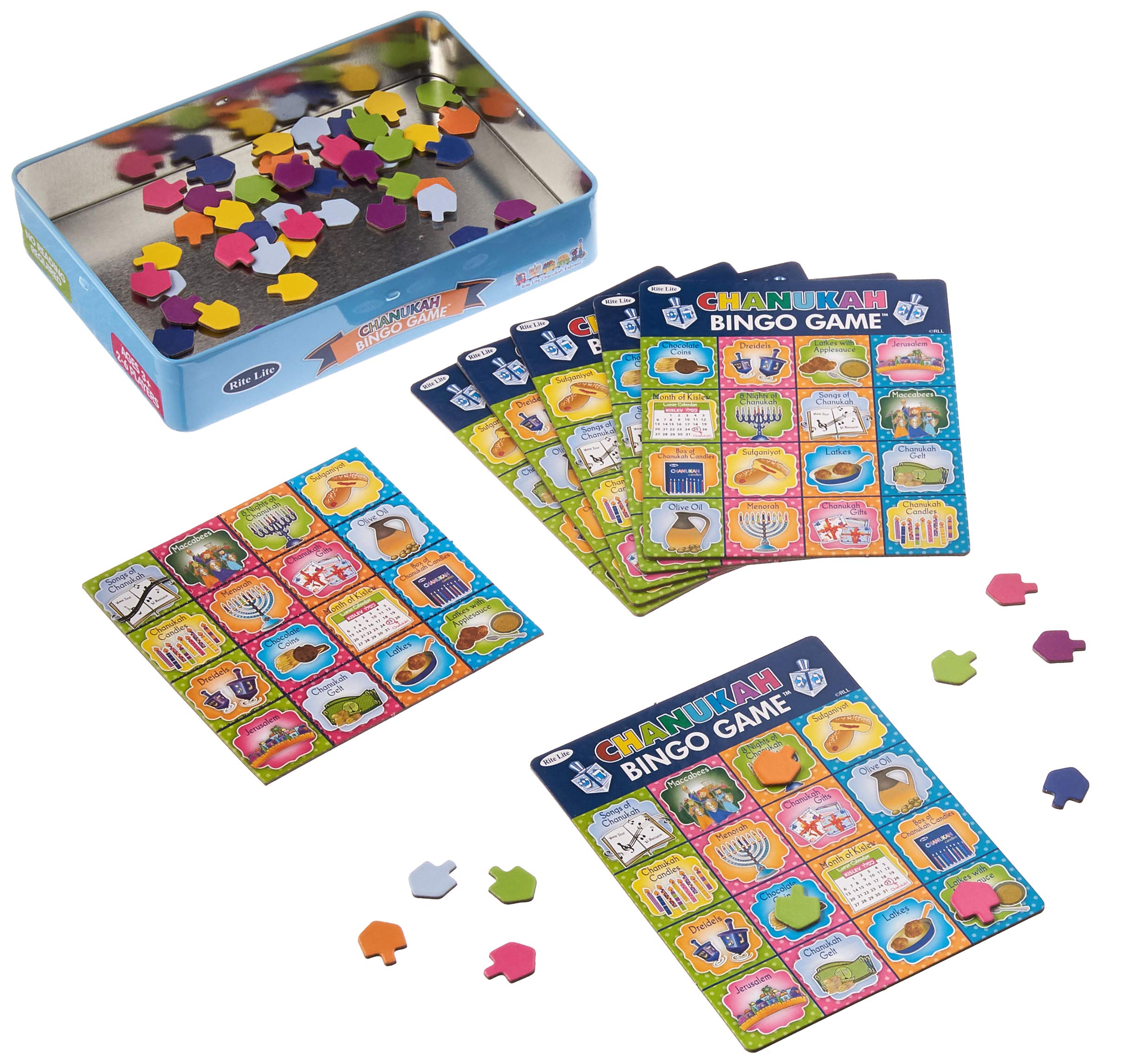 Chanukah Bingo Game by Rite Lite - Fun Hanukkah-Themed Bingo for Kids Ages 3+ - Includes 6 Bingo Boards, Calling Cards & Dreidel Chips - 2-6 Players - No Reading Required - Perfect for Holiday Parties