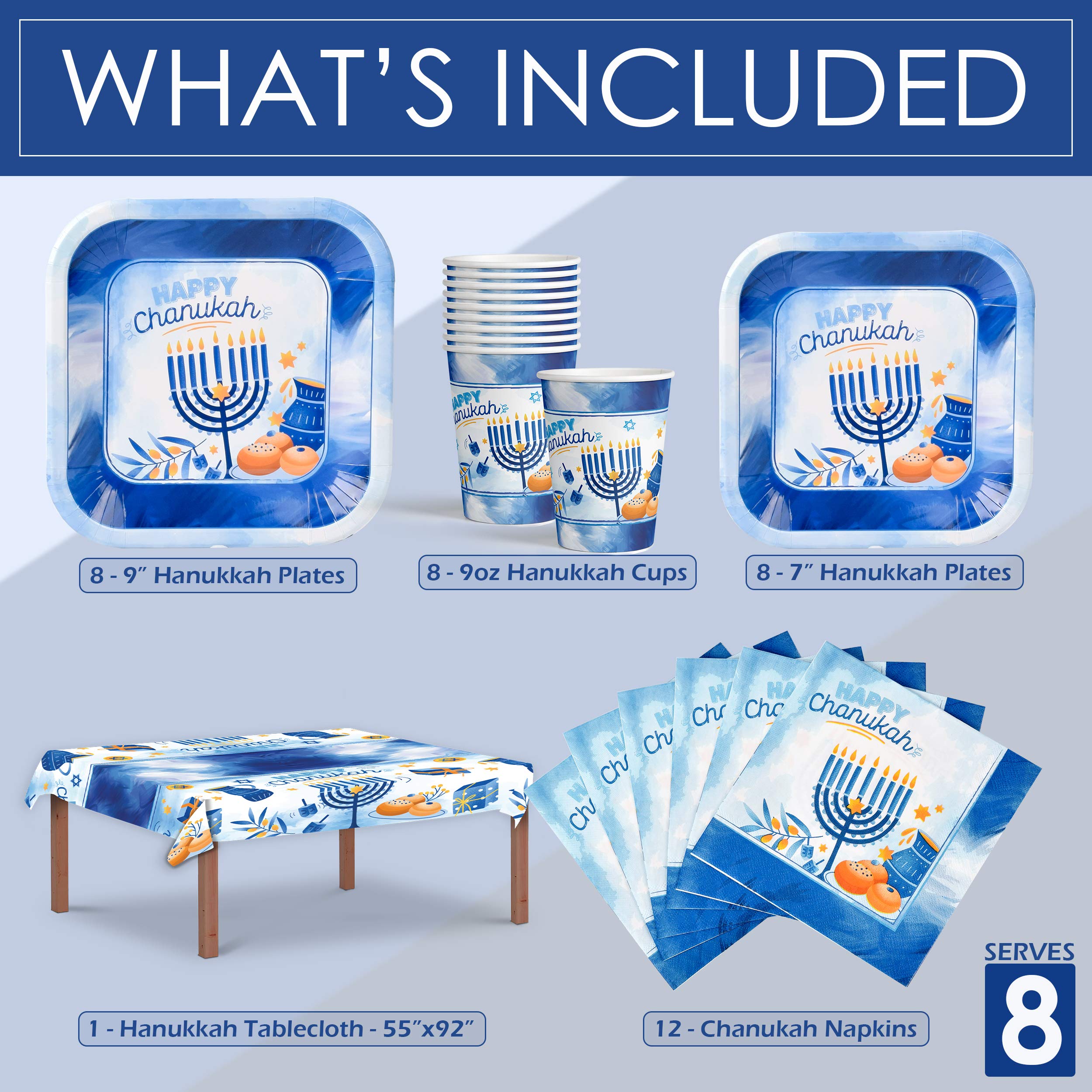 Izzy 'n' Dizzy Hanukkah Plates And Napkins Set - Hanukkah Party Set - 7" And 9" Plates, Cups, Napkins and Tablecloth - Serves 8