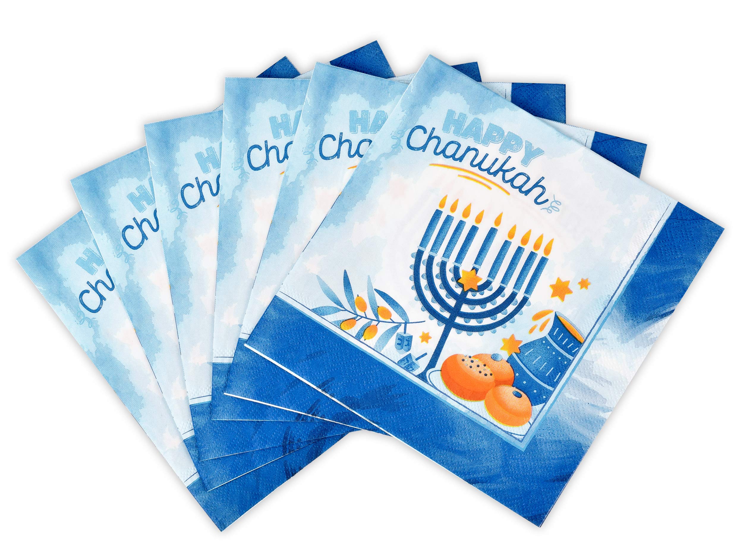 Izzy 'n' Dizzy Hanukkah Napkins, Hanukkah Paper Goods, Blue and White Chanukah Themed Party Supplies (Pack of 20)
